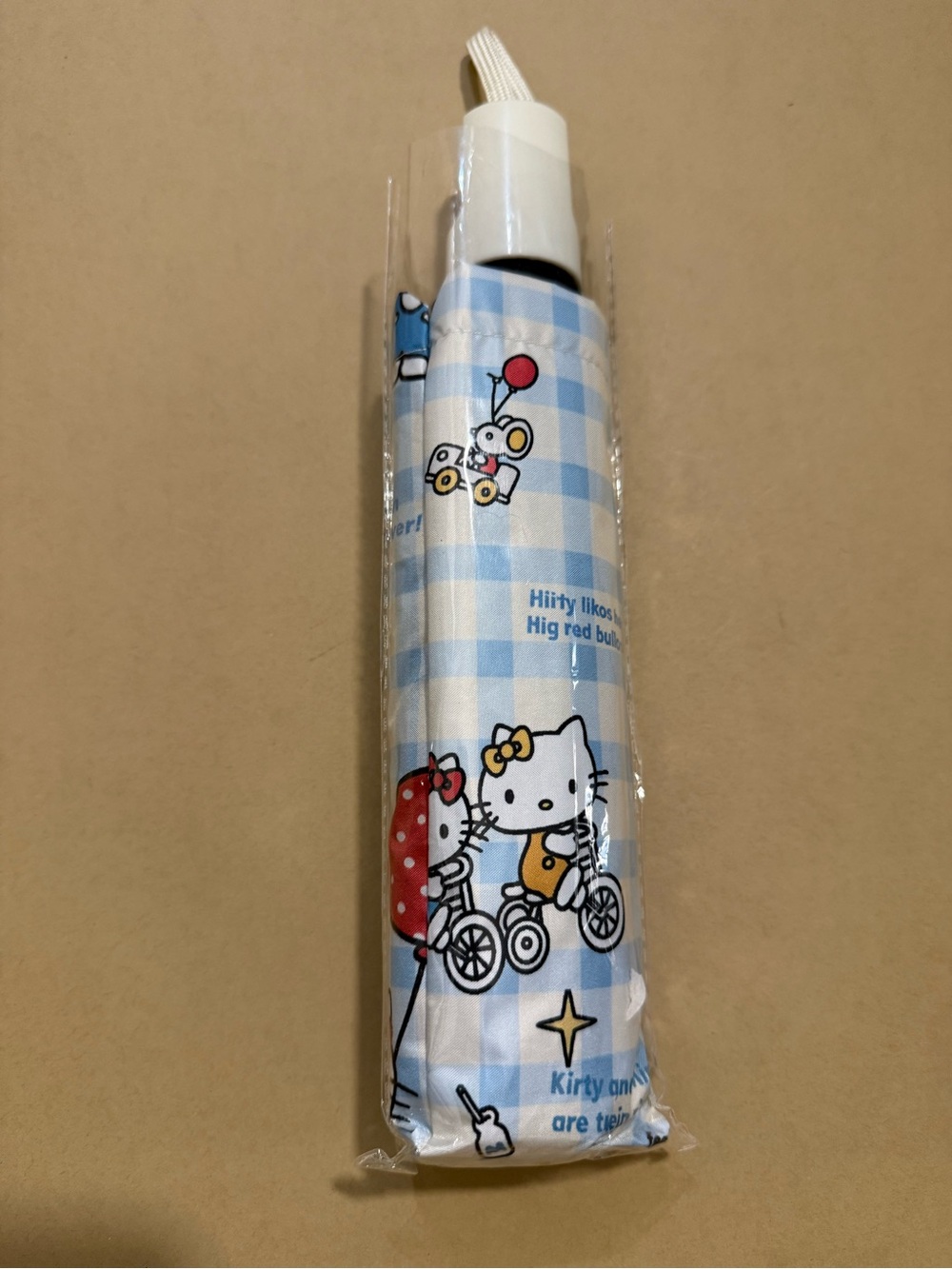 New Hello Kitty Light Blue and White Check Gingham Folding Umbrella